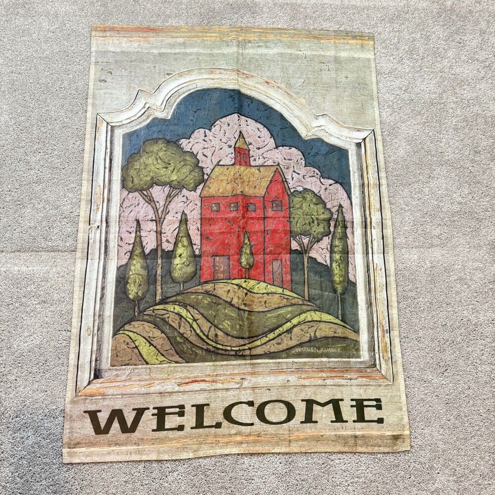 Warren Kimble Welcome House Flag 40x28 in Folk Art Red House Country Decor